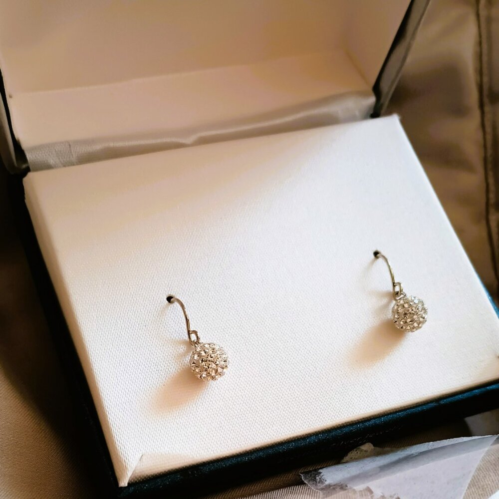 925 Crystal Ball Dangle Earrings Sterling Silver Rnd Pave Drop Fish Hook Jewlery
